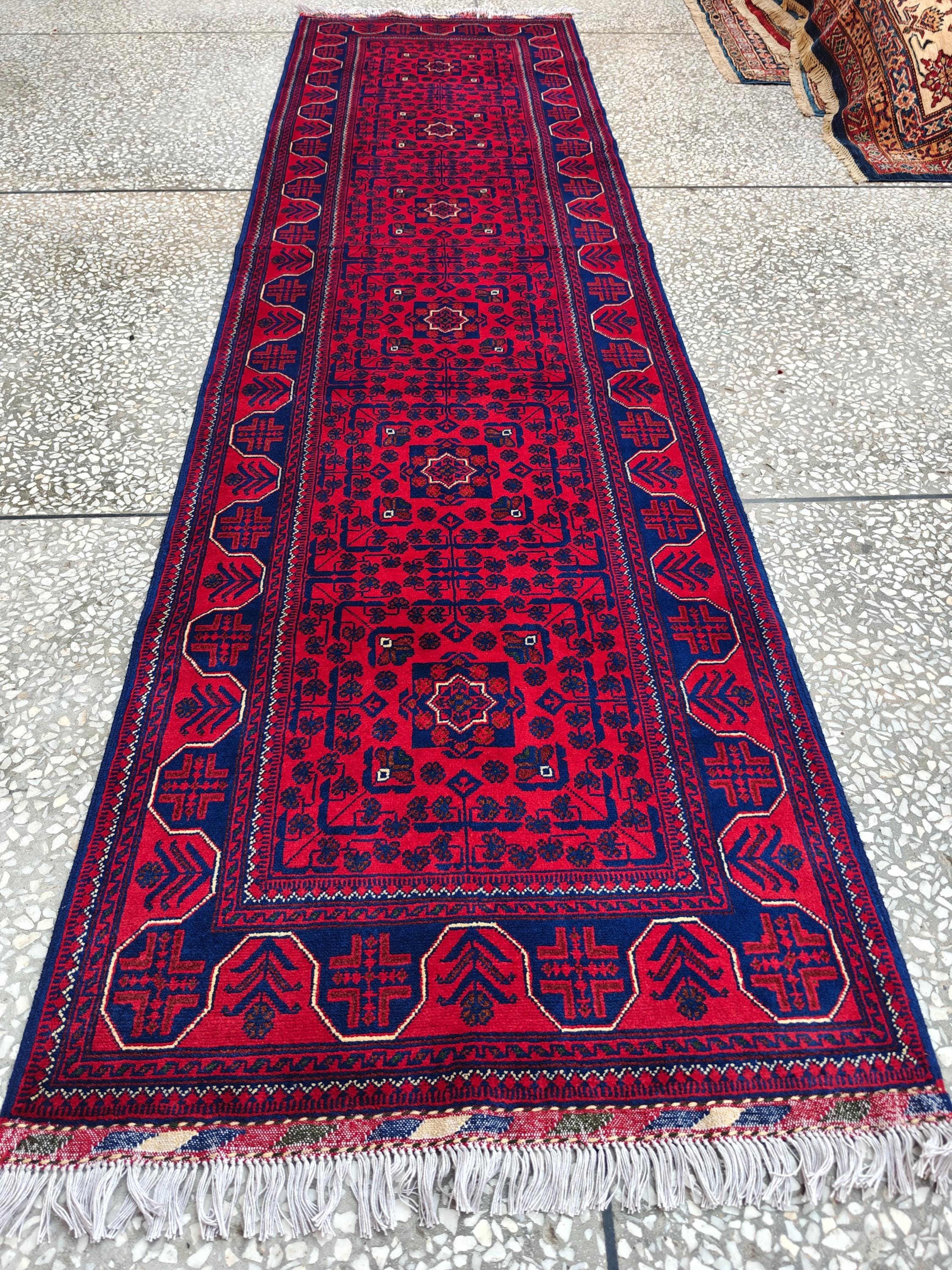 2x10 Red and Navy Blue Bukhara Afghan Handwoven Runner Rug, Hallway Runner, Vintage Style Home Decor, Entryway Runner, Stairs Rug 9.8x2.6ft