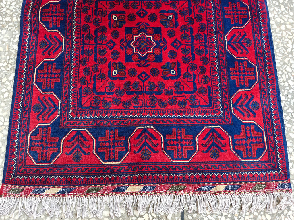 2x10 Red and Navy Blue Bukhara Afghan Handwoven Runner Rug, Hallway Runner, Vintage Style Home Decor, Entryway Runner, Stairs Rug 9.8x2.6ft