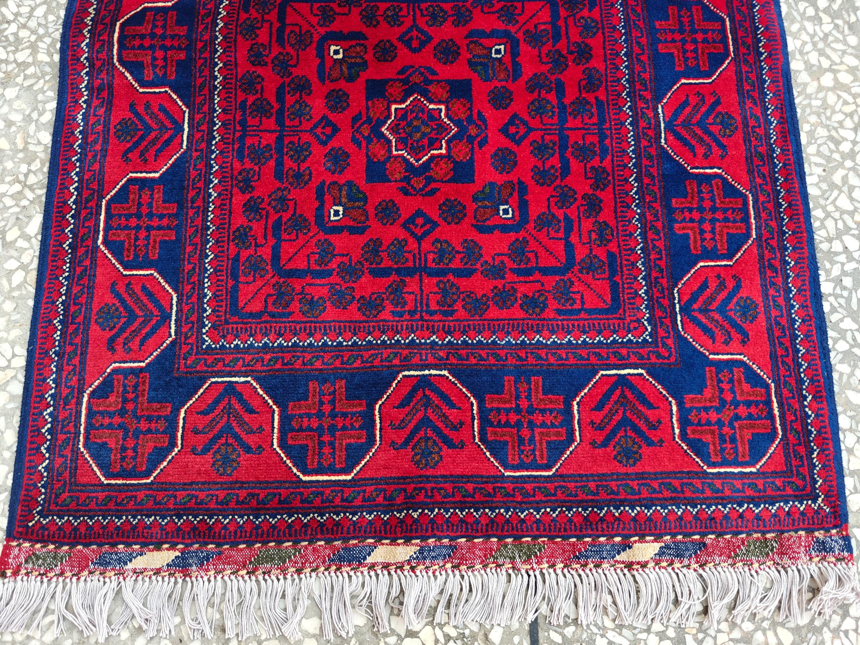 2x10 Red and Navy Blue Bukhara Afghan Handwoven Runner Rug, Hallway Runner, Vintage Style Home Decor, Entryway Runner, Stairs Rug 9.8x2.6ft