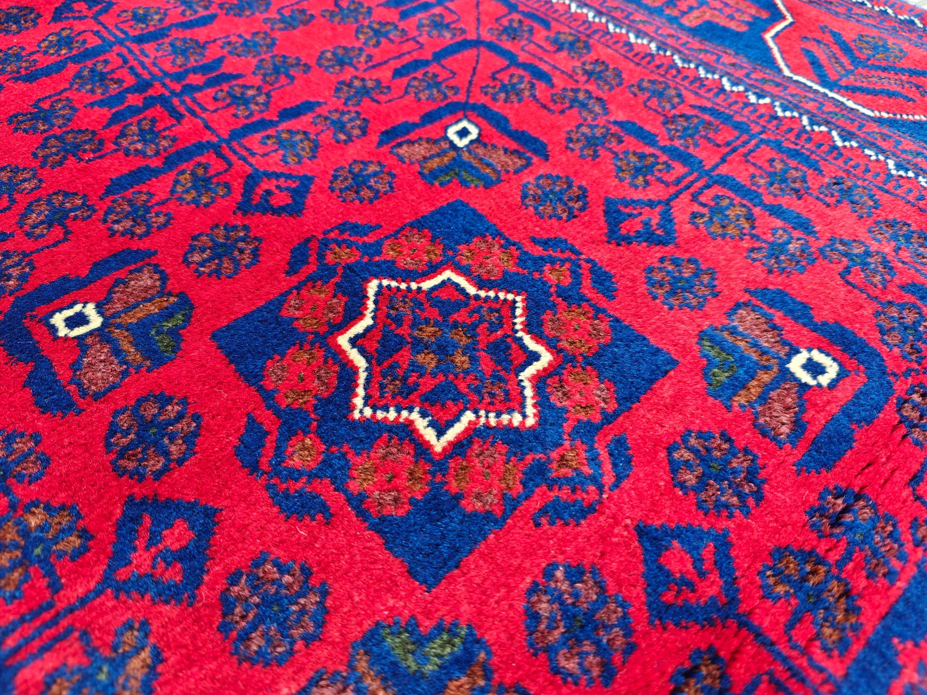 2x10 Red and Navy Blue Bukhara Afghan Handwoven Runner Rug, Hallway Runner, Vintage Style Home Decor, Entryway Runner, Stairs Rug 9.8x2.6ft