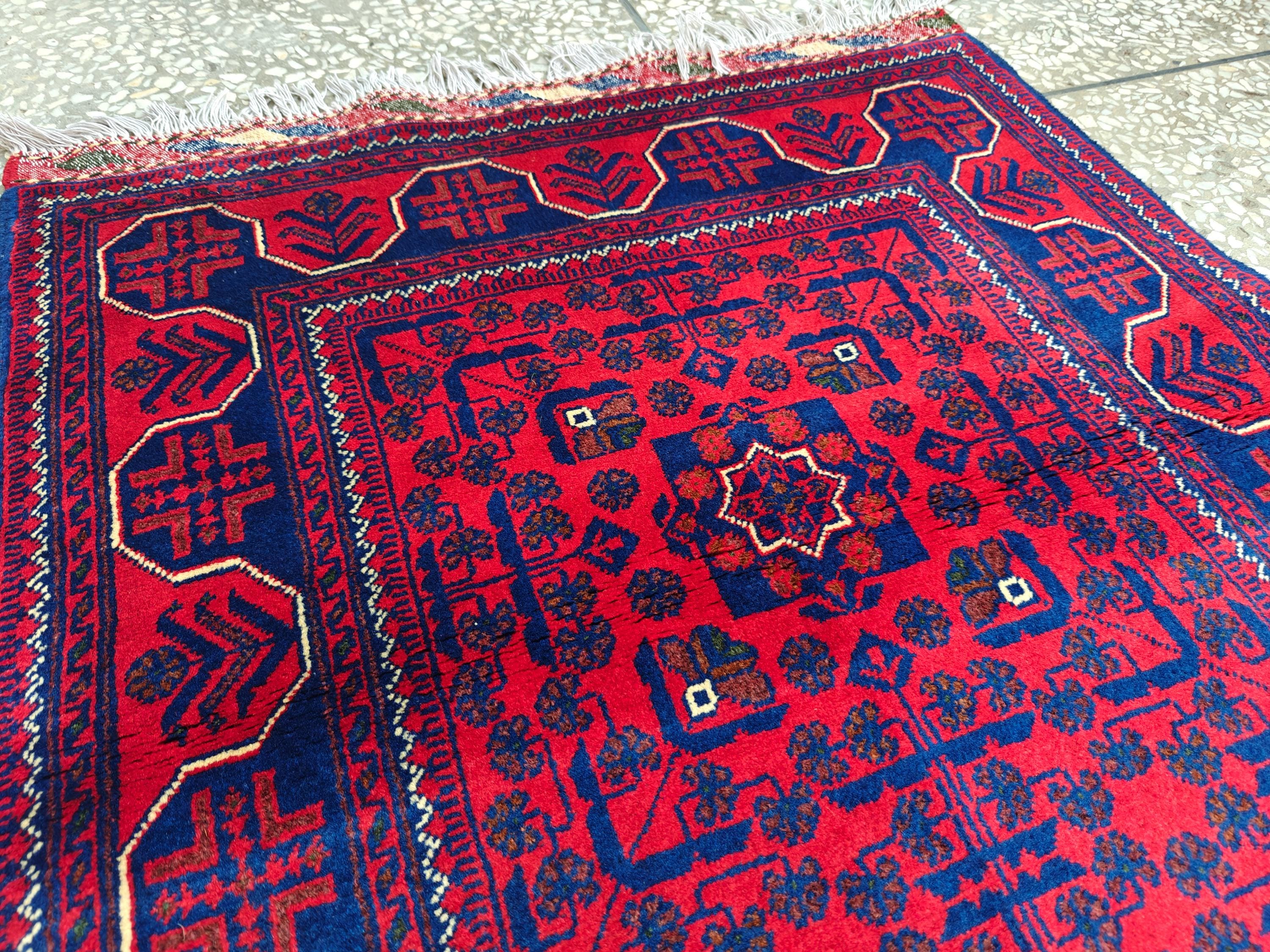 2x10 Red and Navy Blue Bukhara Afghan Handwoven Runner Rug, Hallway Runner, Vintage Style Home Decor, Entryway Runner, Stairs Rug 9.8x2.6ft