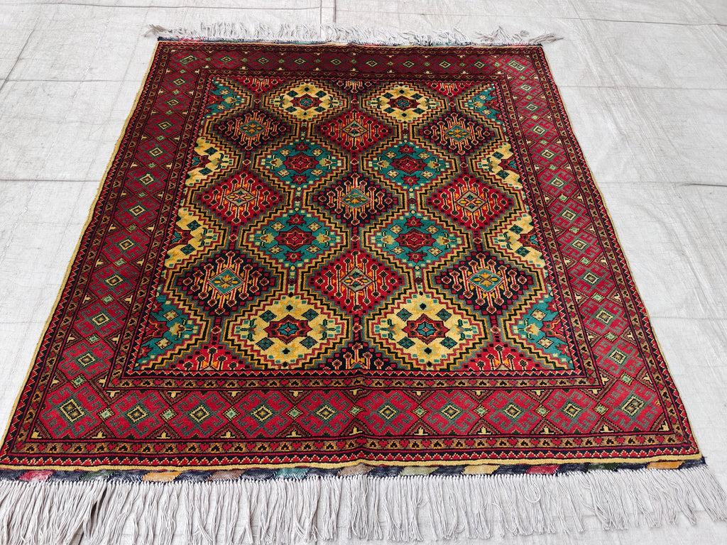 Square Yousafi Afghan Handmade Rug 4.8 x 4.4 ft, Small Area Rug, Entryway Rug, Door Mat