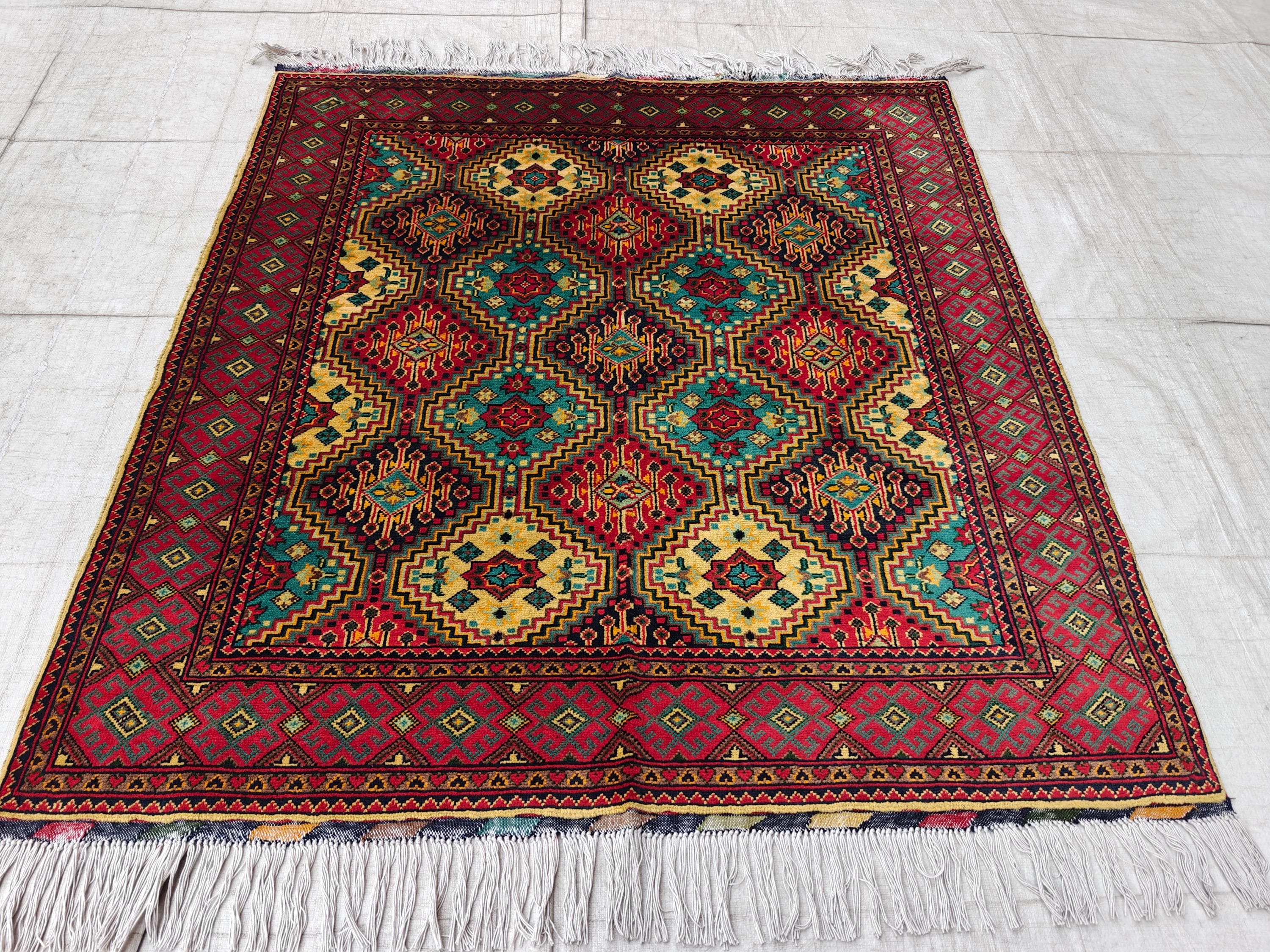 Square Yousafi Afghan Handmade Rug 4.8 x 4.4 ft, Small Area Rug, Entryway Rug, Door Mat