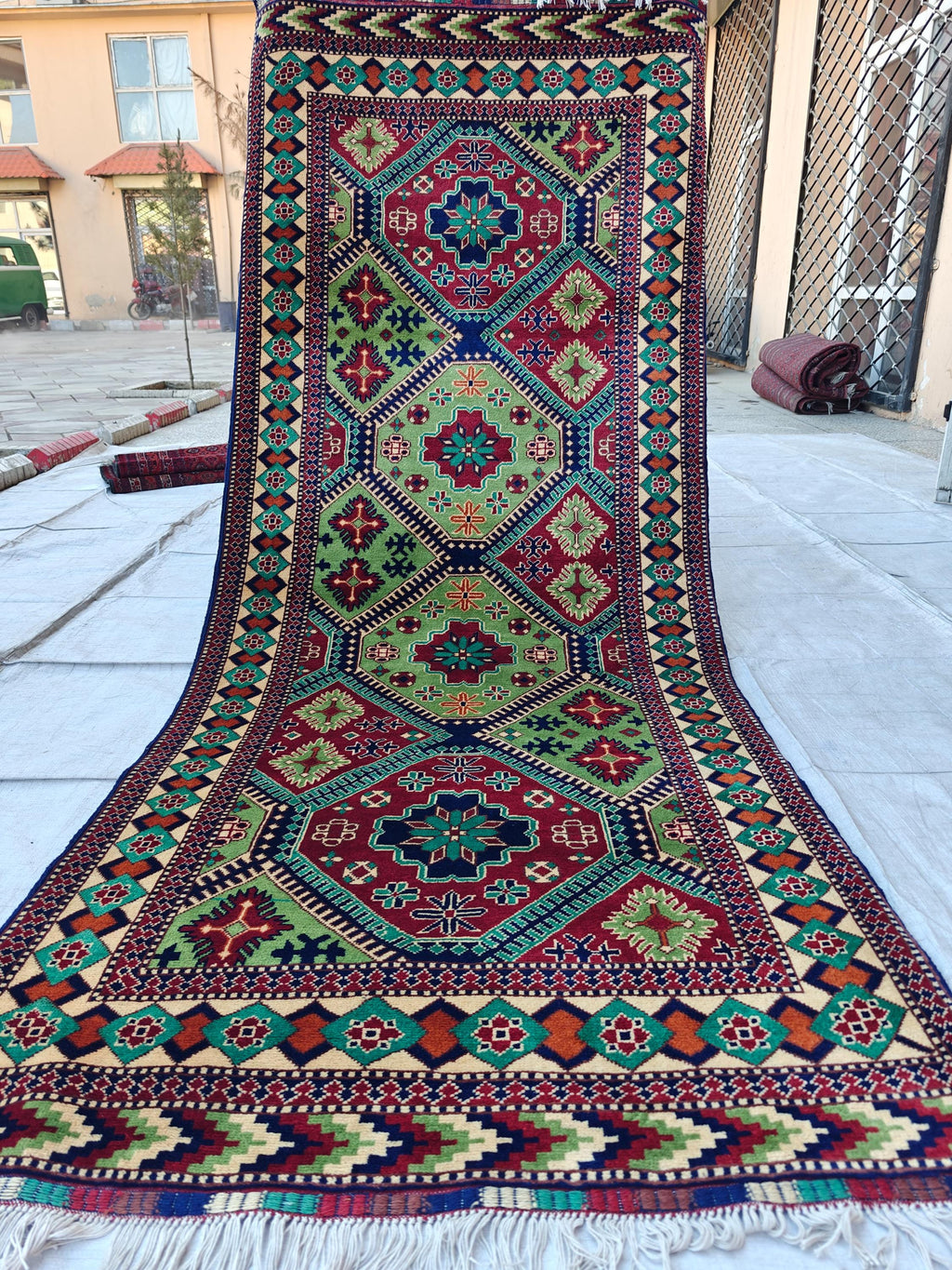 3x8 Afghan Runner Rug Tribal Green Bukhara Handwoven Turkmen Wool Rug, Natural Veg Dyes Rug, Hallway Runner 3.4x8.2, Entryway Rug