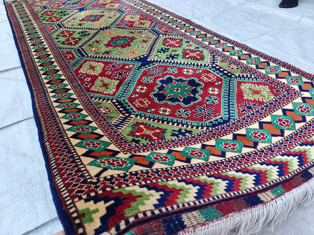 3x8 Afghan Runner Rug Tribal Green Bukhara Handwoven Turkmen Wool Rug, Natural Veg Dyes Rug, Hallway Runner 3.4x8.2, Entryway Rug