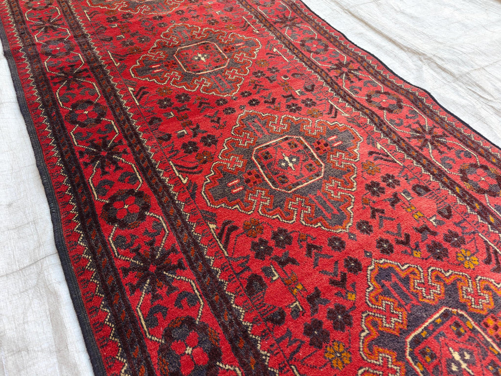 Antique 3x10 Afghan Runner Rug, Handknotted Tribal Bokhara Rug, 100% Soft Wool Vintage Turkmen Geometric Carpet, Red Hallway Runner 2.10x9.8