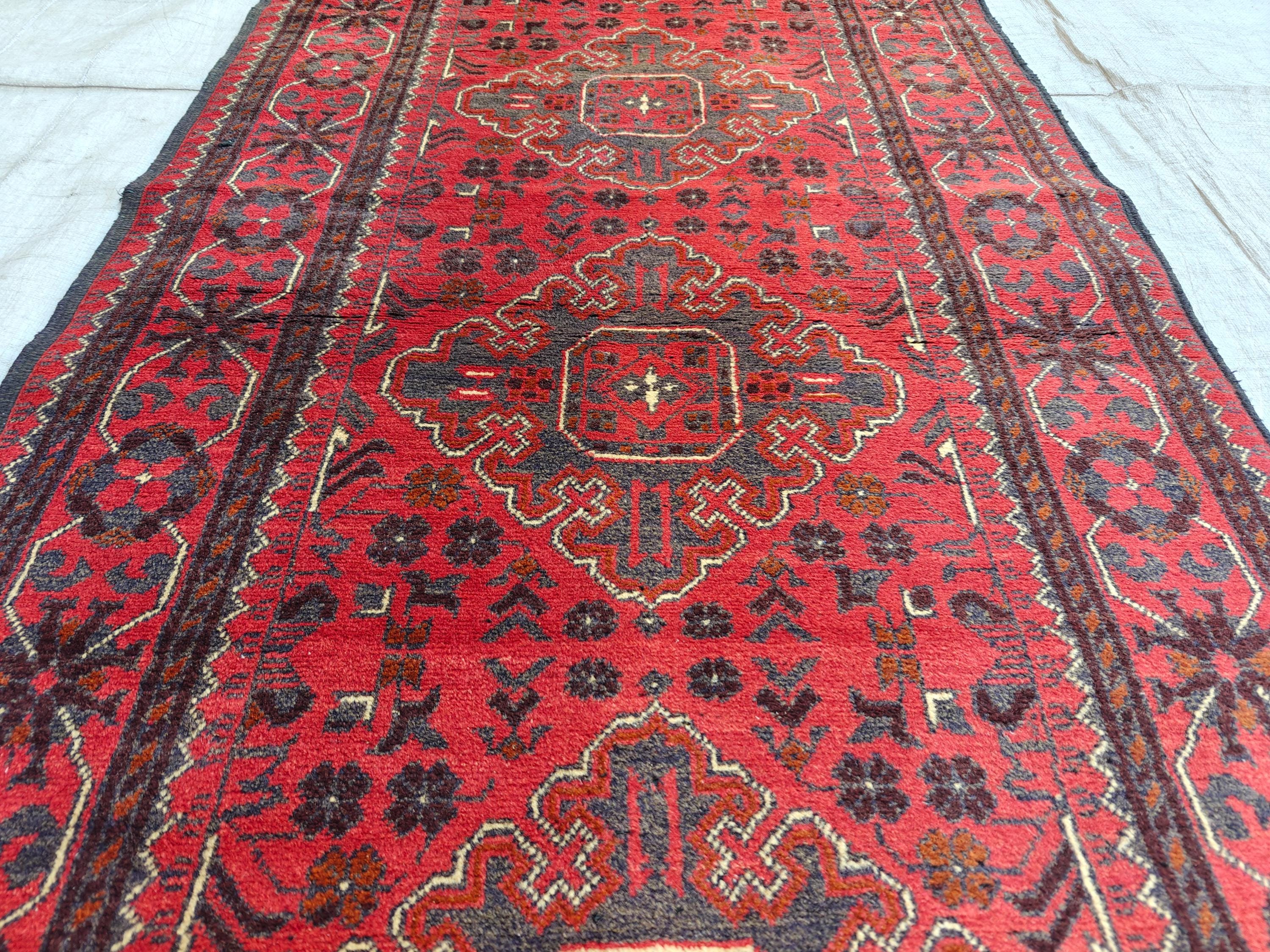 Antique 3x10 Afghan Runner Rug, Handknotted Tribal Bokhara Rug, 100% Soft Wool Vintage Turkmen Geometric Carpet, Red Hallway Runner 2.10x9.8