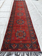 11 ft Vintage Runner Rug, Bukhara Turkmen Tribal Handmade Wool Red Rug, Oriental Afghan Antique Kagai Veg Dyes 3x11 Rug, Hallway Runner Rug