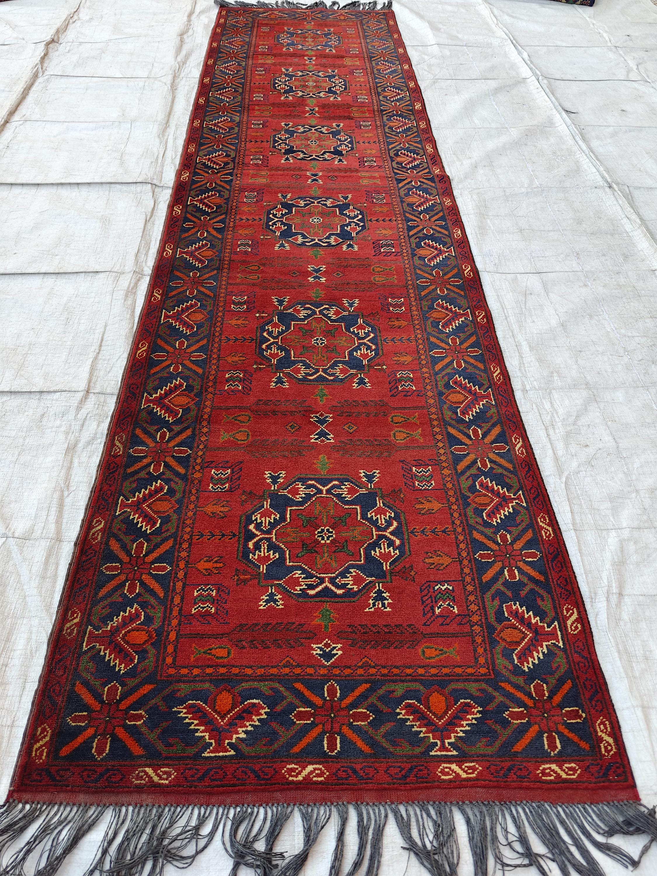 11 ft Vintage Runner Rug, Bukhara Turkmen Tribal Handmade Wool Red Rug, Oriental Afghan Antique Kagai Veg Dyes 3x11 Rug, Hallway Runner Rug