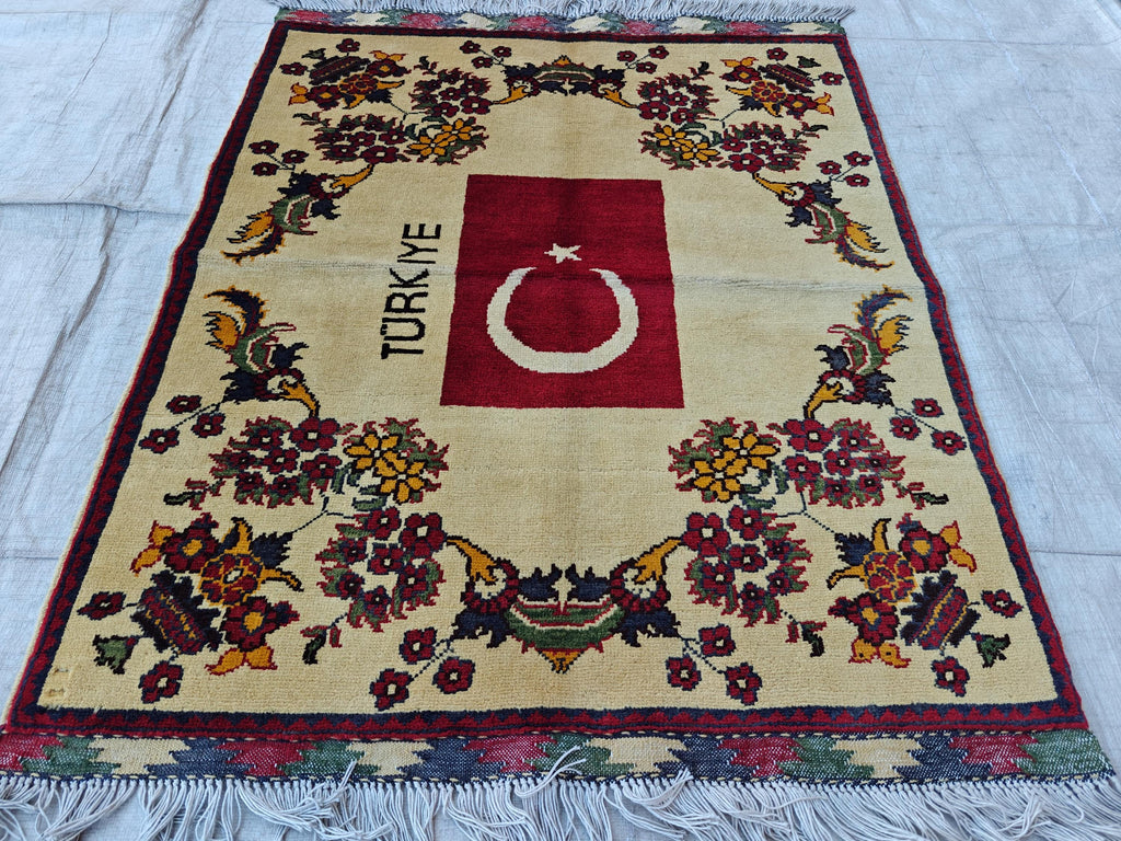 3.10x2.9 Turkish Map Handmade Afghan Rug, Wall Hanging, Decorative Rug, Home Decor Rug