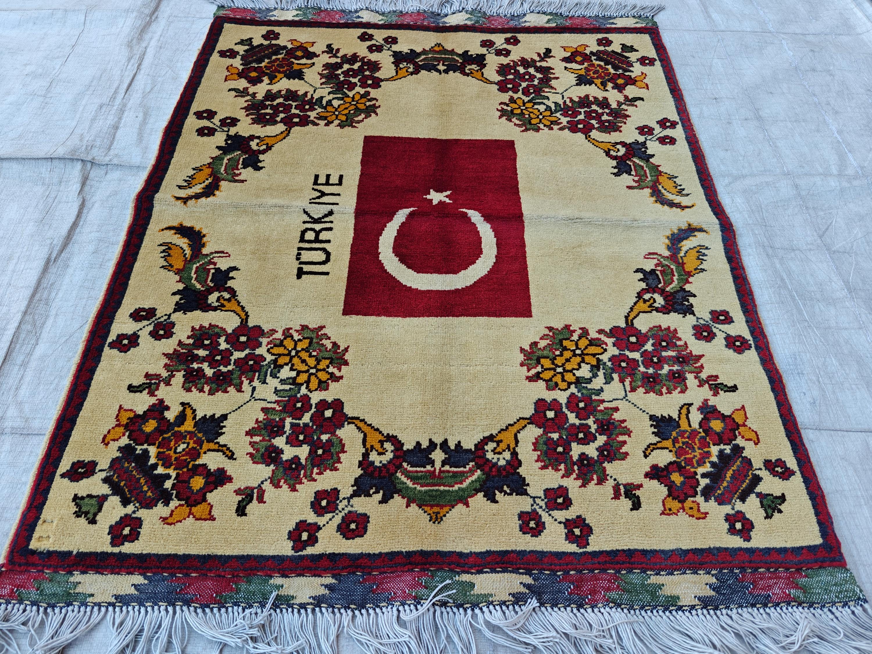3.10x2.9 Turkish Map Handmade Afghan Rug, Wall Hanging, Decorative Rug, Home Decor Rug