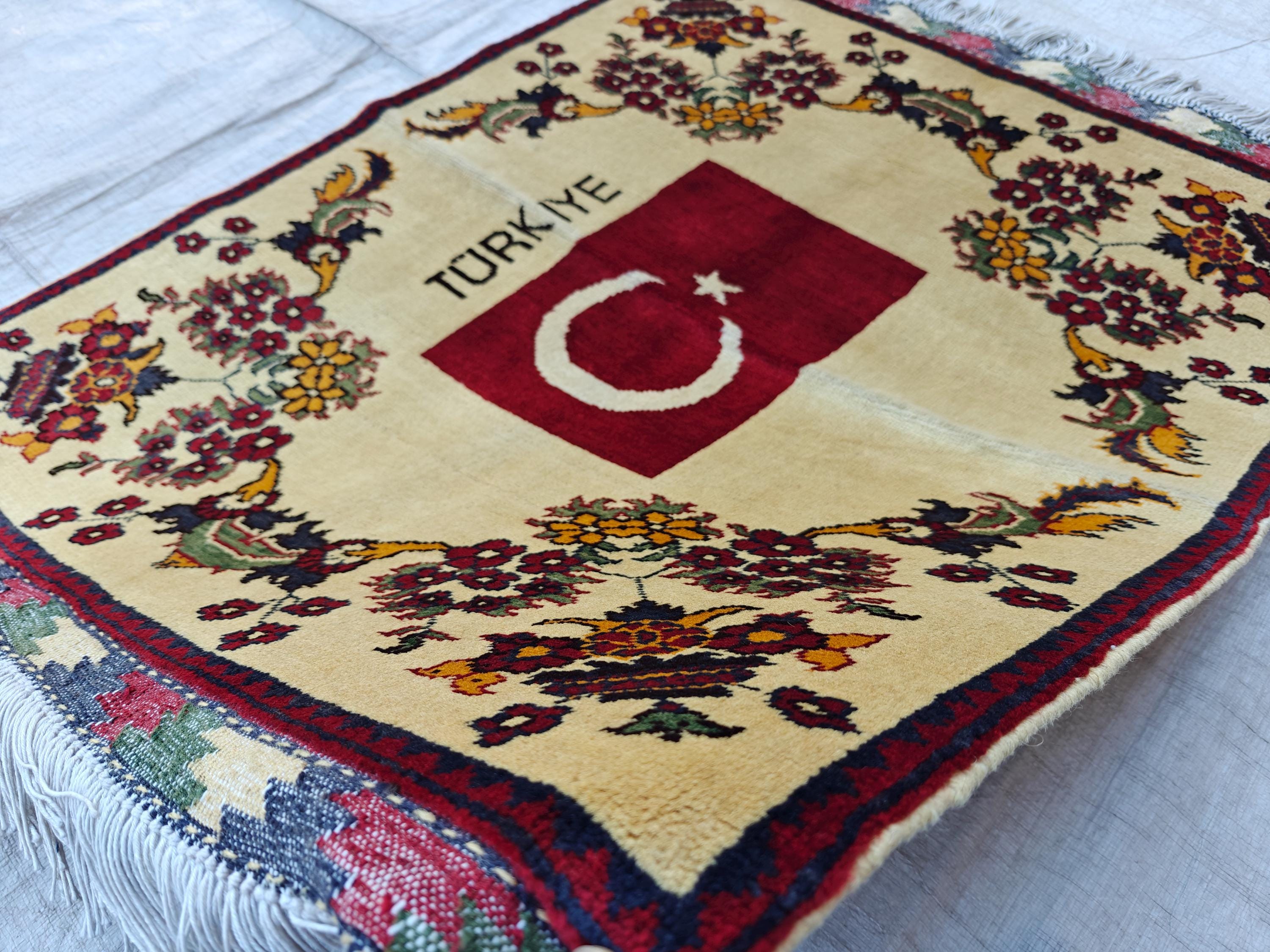 3.10x2.9 Turkish Map Handmade Afghan Rug, Wall Hanging, Decorative Rug, Home Decor Rug