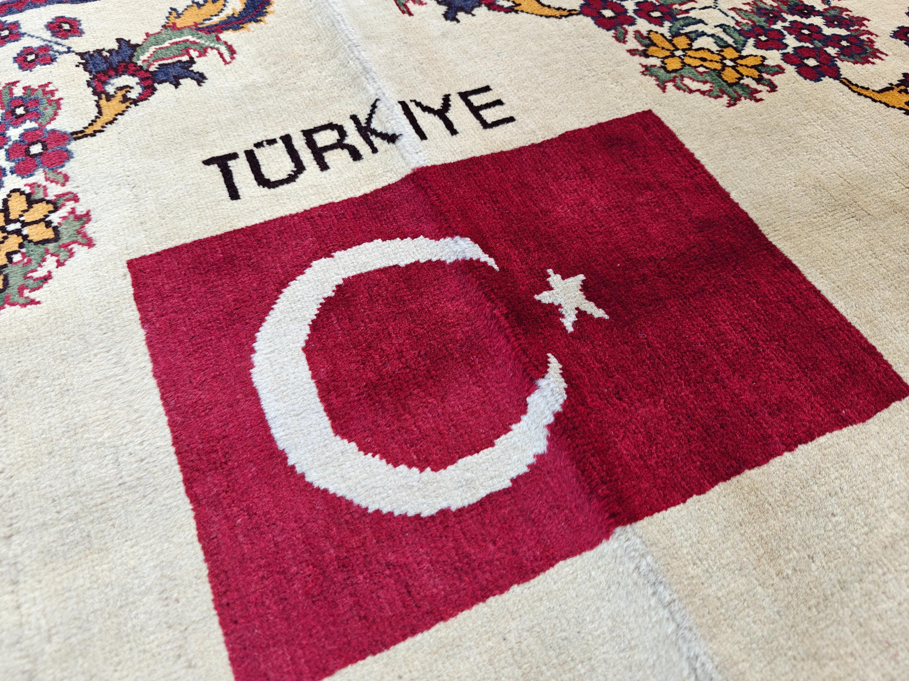 3.10x2.9 Turkish Map Handmade Afghan Rug, Wall Hanging, Decorative Rug, Home Decor Rug