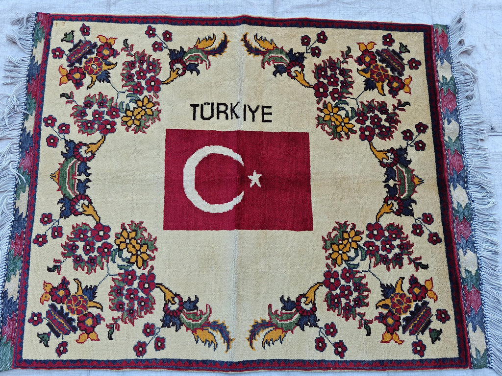 3.10x2.9 Turkish Map Handmade Afghan Rug, Wall Hanging, Decorative Rug, Home Decor Rug