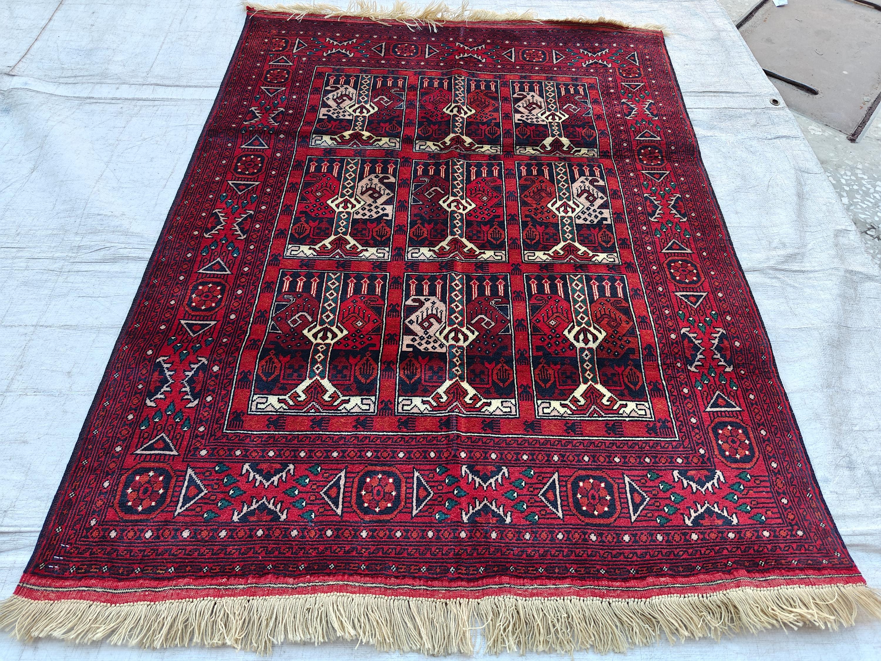 4.5x3.4 Vintage Ala Bakhmal Handmade Afghan Rug, Rugs For Living Room, Bedroom Rug, Geometric Rug
