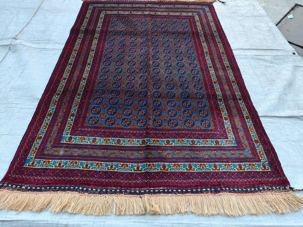 3x5 Vintage Beljik Mawrai Gul Red and Blue Afghan Handmade Rug, Rug for Living Room, Bedroom Rug, Collectible item, Farmhouse Rug 5x3.4
