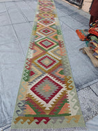 16ft Long Kilim Runner Rug –Turkmen Handmade Afghan Wool Hallway Carpet–Farmhouse Entryway or Kitchen Runner –Tribal Flatweave Rug 486x74 cm