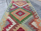 16ft Long Kilim Runner Rug –Turkmen Handmade Afghan Wool Hallway Carpet–Farmhouse Entryway or Kitchen Runner –Tribal Flatweave Rug 486x74 cm