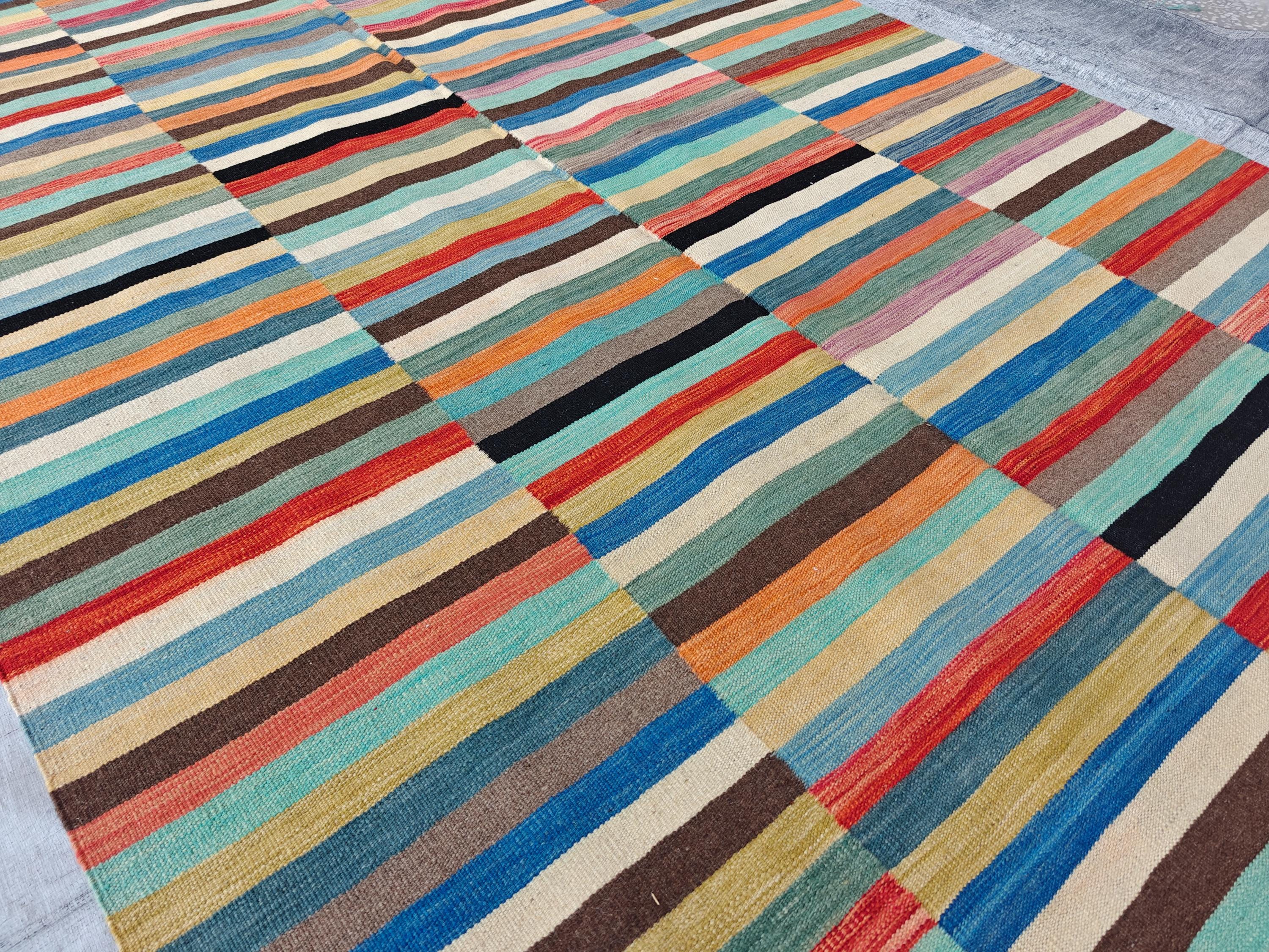 Afghan Kilim Rug – 6x10 ft Handmade Wool Flatweave Carpet – Colorful Tribal Boho Area Rug – Vintage Striped Decor for Living Room or Bedroom