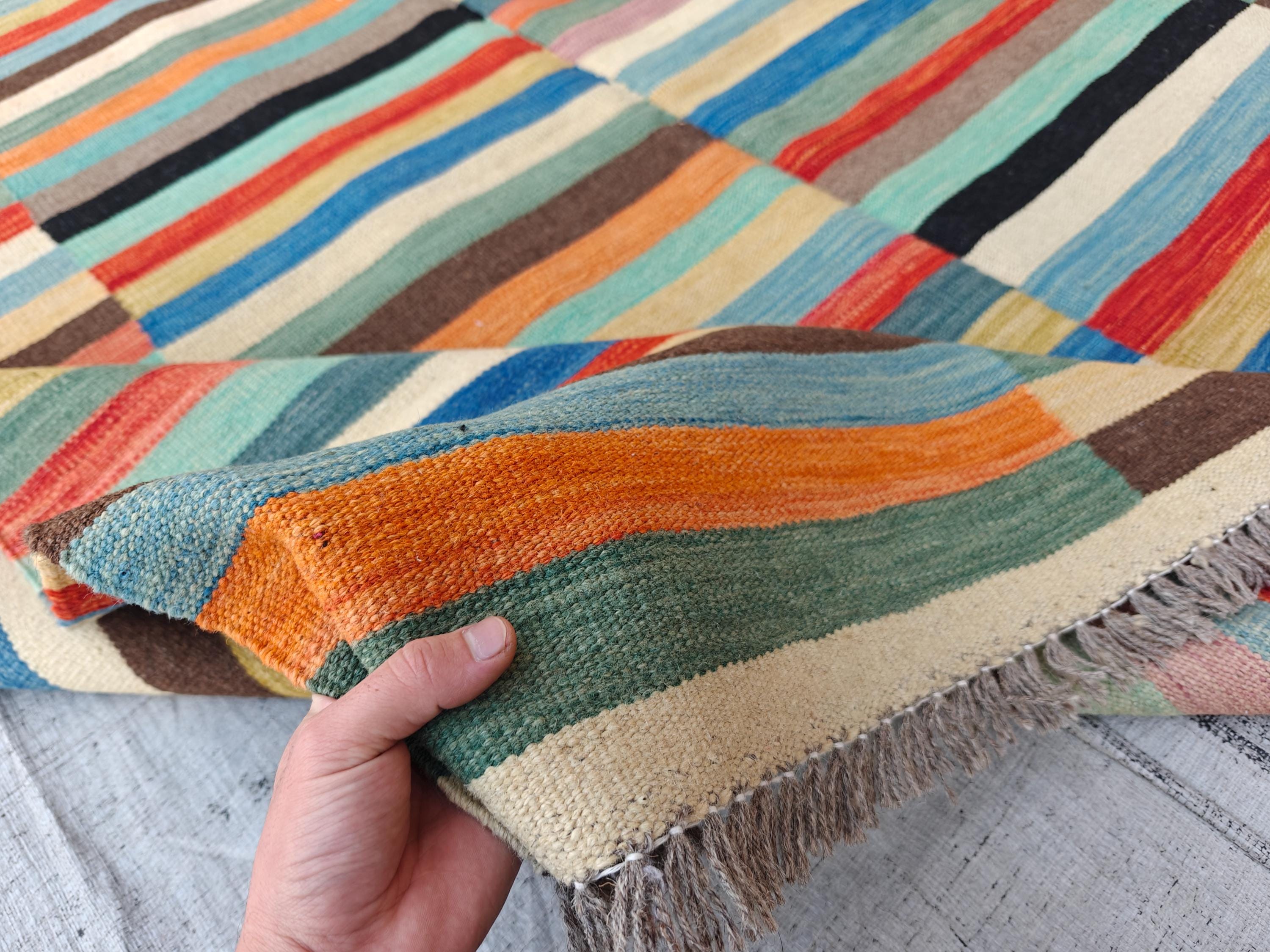 Afghan Kilim Rug – 6x10 ft Handmade Wool Flatweave Carpet – Colorful Tribal Boho Area Rug – Vintage Striped Decor for Living Room or Bedroom
