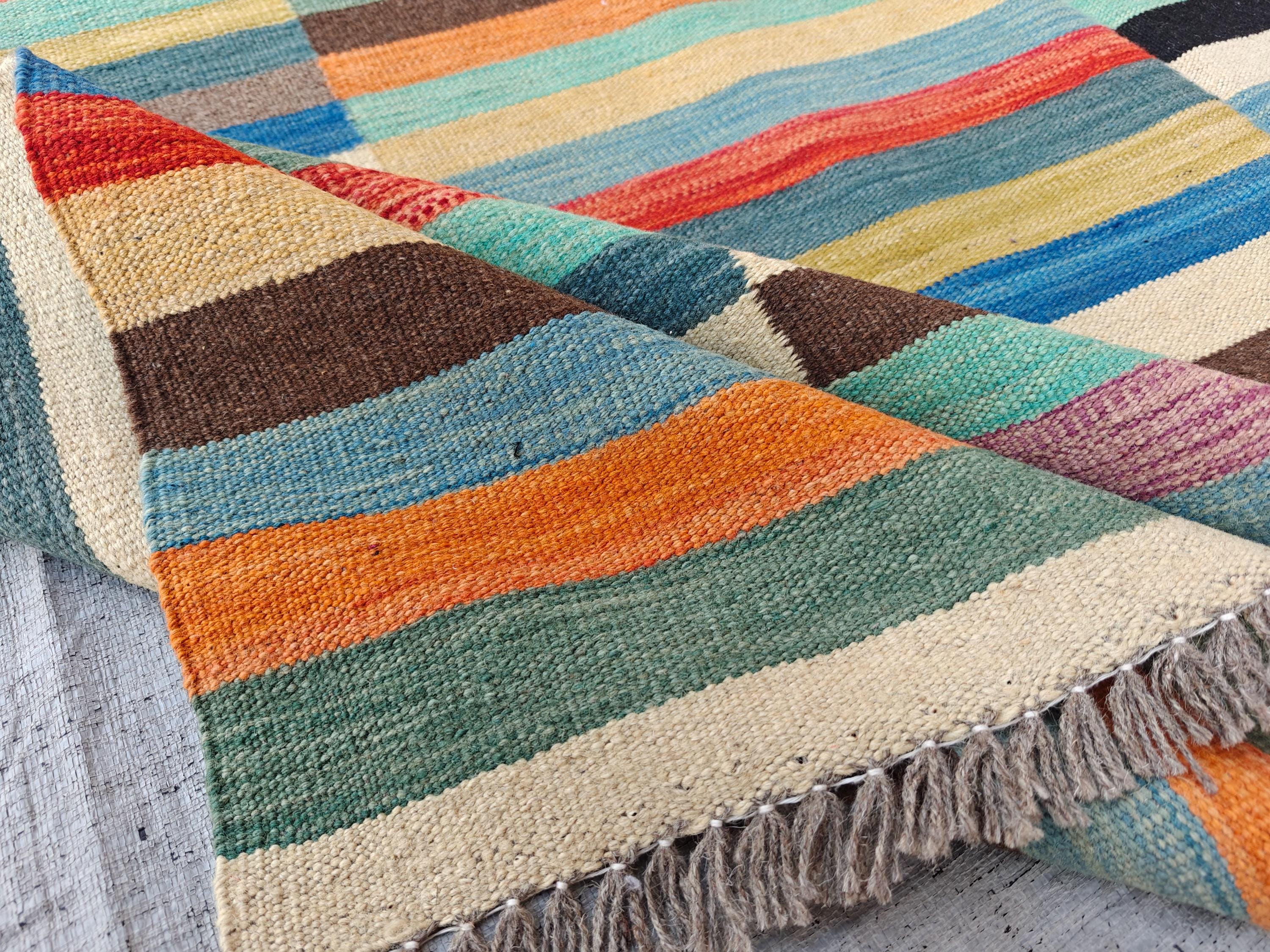 Afghan Kilim Rug – 6x10 ft Handmade Wool Flatweave Carpet – Colorful Tribal Boho Area Rug – Vintage Striped Decor for Living Room or Bedroom