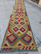 Afghan Kilim Long Runner Rug – 15.3x2.6 ft Handmade Wool Hallway Rug – Vintage Farmhouse Style Carpet for Entryway, Living Room, 467x82 cm