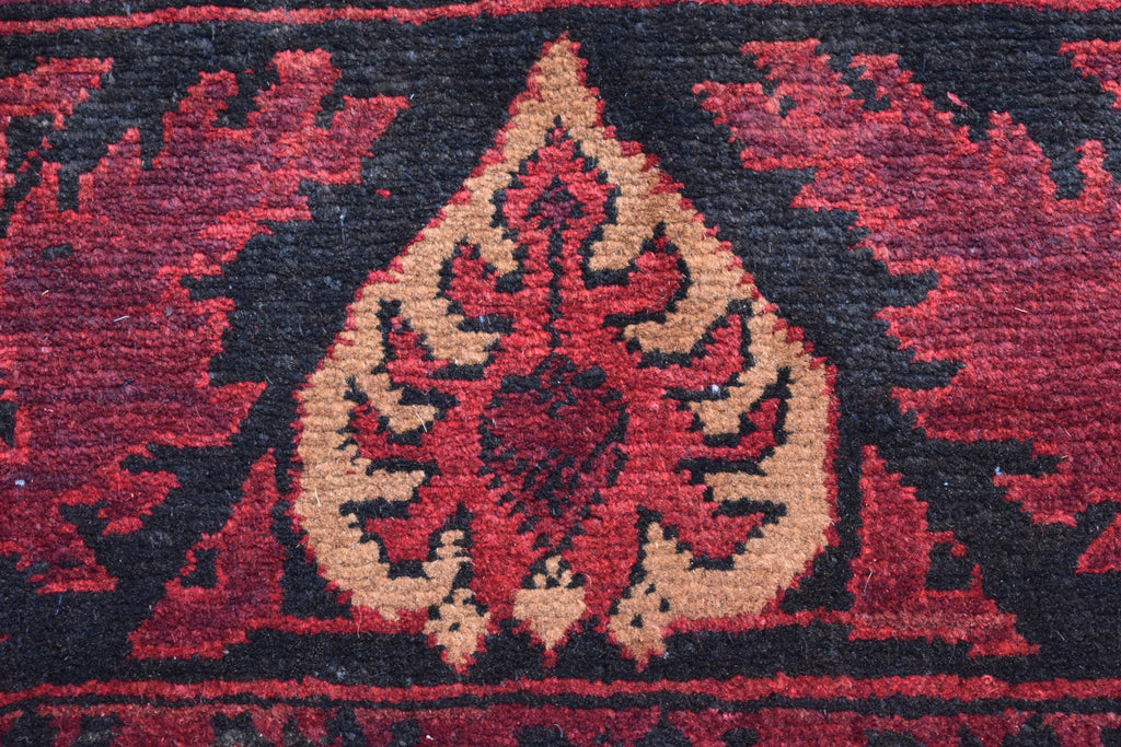 Antique Hand-Knotted Tribal Runner Rug – 9.8x2.9 ft, Vintage Afghan Wool Carpet with Bold Red Medallion Design, Rare Collectible Item