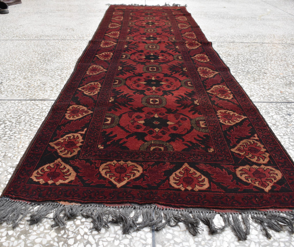 Antique Hand-Knotted Tribal Runner Rug – 9.8x2.9 ft, Vintage Afghan Wool Carpet with Bold Red Medallion Design, Rare Collectible Item