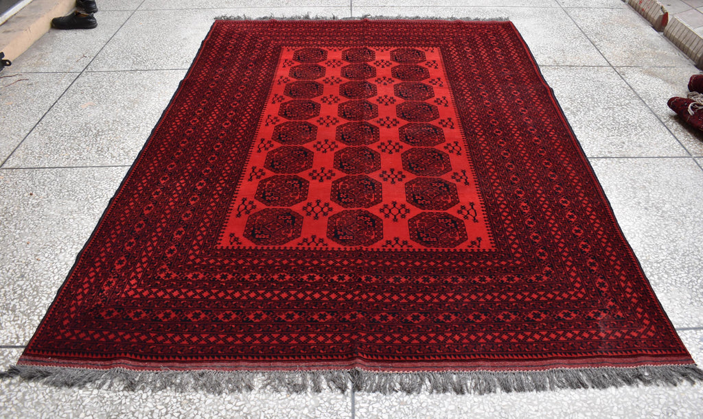 9.8x6.6 Ft vintage Pilpie (Elephant Foot) Afghan Handmade Rug Red Bright, Rugs for Living Room, Bedroom Rug, Office Rug Rare Collectible Rug