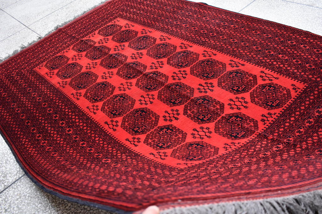 9.8x6.6 Ft vintage Pilpie (Elephant Foot) Afghan Handmade Rug Red Bright, Rugs for Living Room, Bedroom Rug, Office Rug Rare Collectible Rug