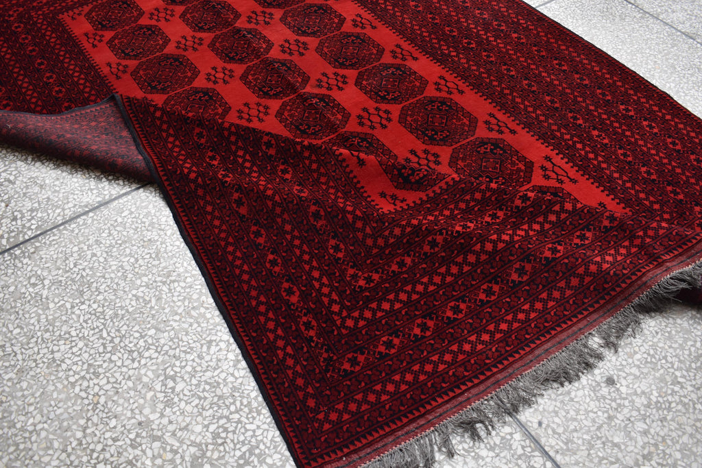 9.8x6.6 Ft vintage Pilpie (Elephant Foot) Afghan Handmade Rug Red Bright, Rugs for Living Room, Bedroom Rug, Office Rug Rare Collectible Rug