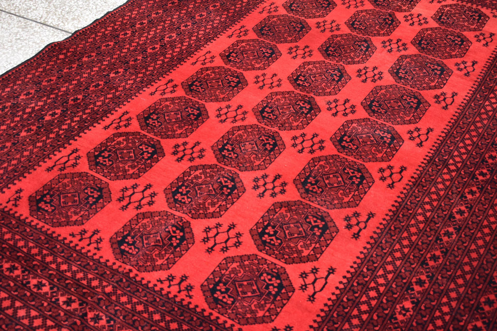 9.8x6.6 Ft vintage Pilpie (Elephant Foot) Afghan Handmade Rug Red Bright, Rugs for Living Room, Bedroom Rug, Office Rug Rare Collectible Rug