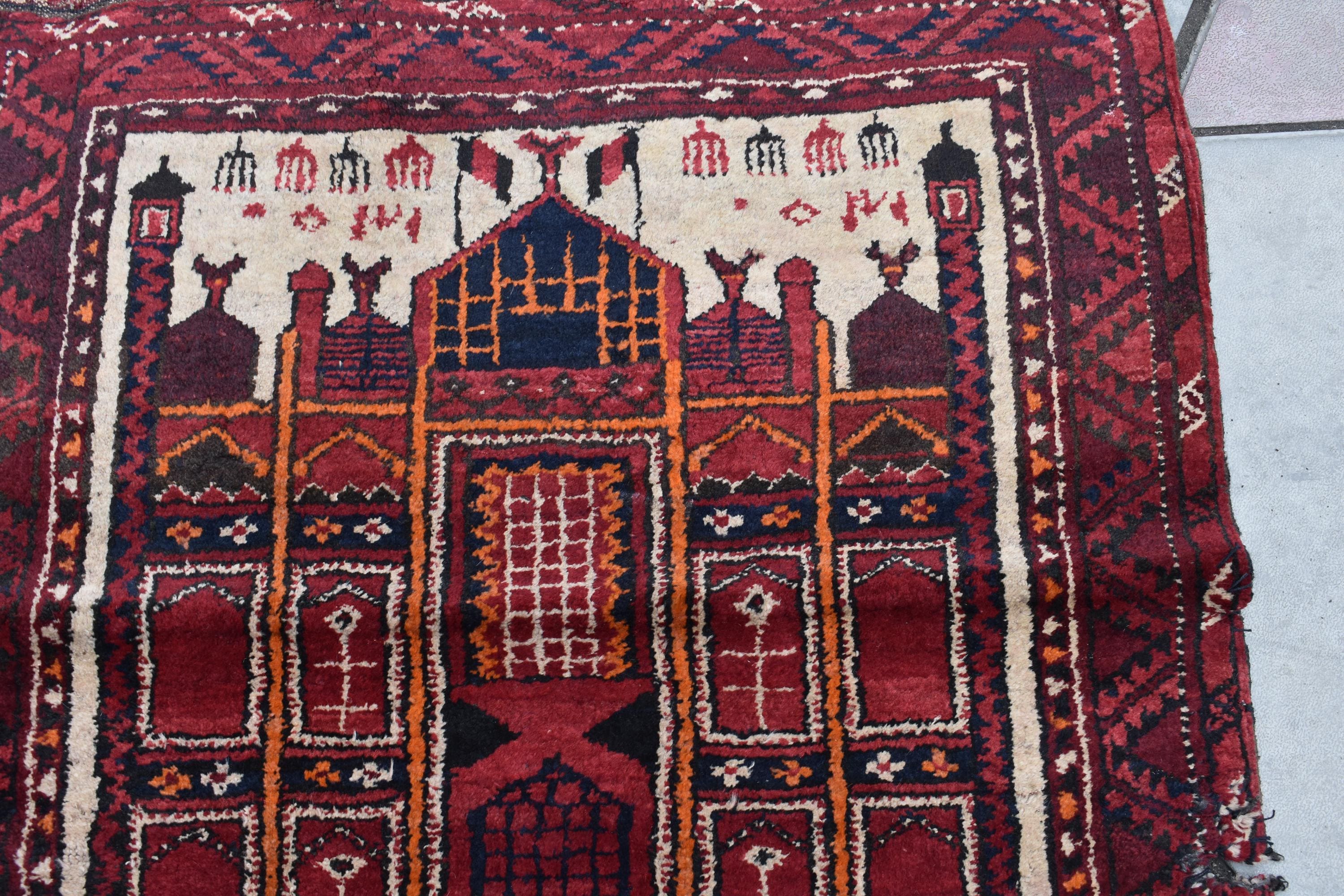 100 year Old Vintage Afghan Handwoven Prayer Mat, Wall Hanging Rug, Rare Collectible Rug, Short Size Rug, Antique Rug, 4x2.6 ft