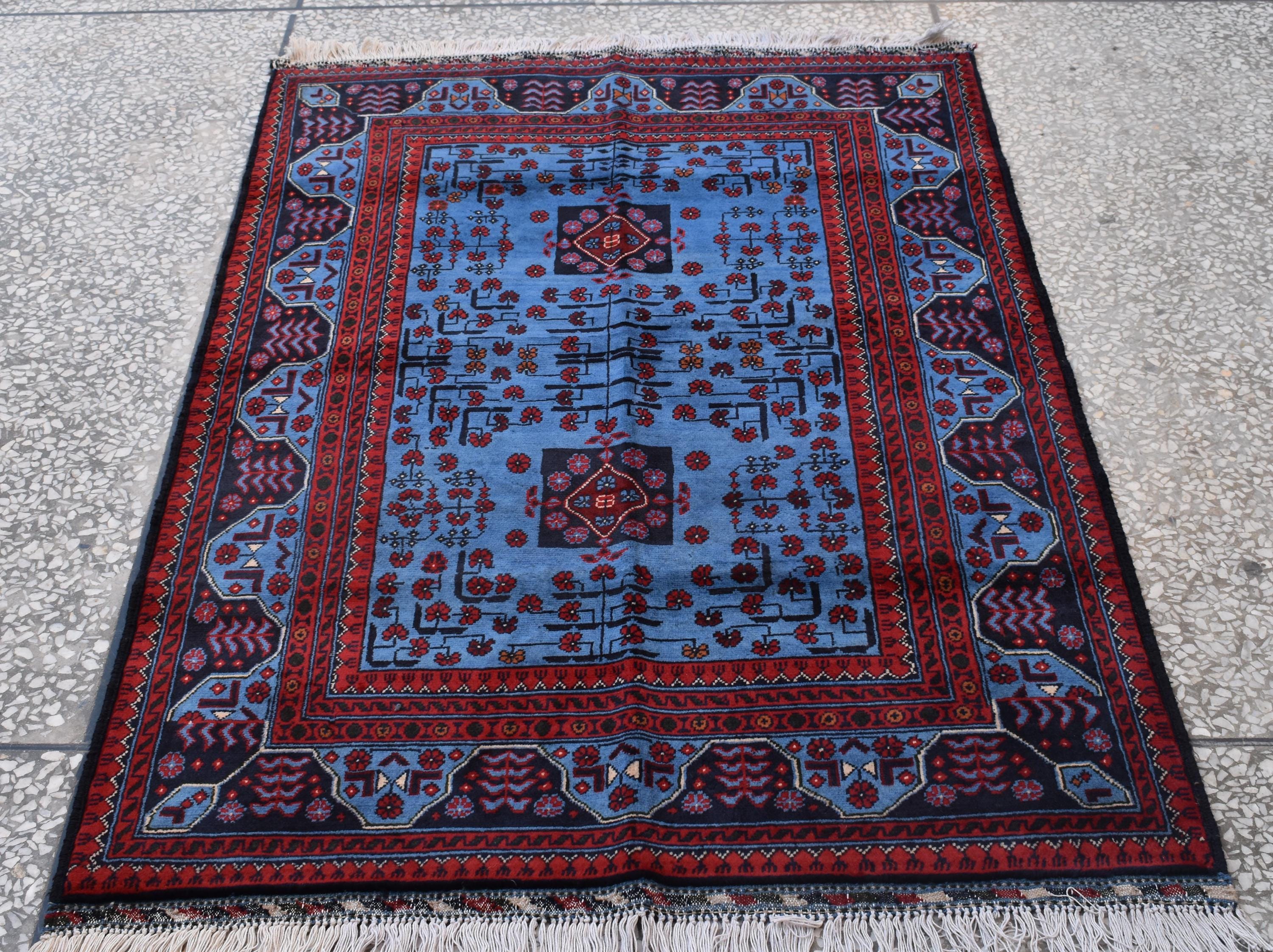 Navy Blue and Red Bukhara Afghan Handwoven Rug,Turkmen Wool Carpet 3x5Ft, Rugs For Living Room, Bedroom Rug, Dining Room Rug, Natural dyes,