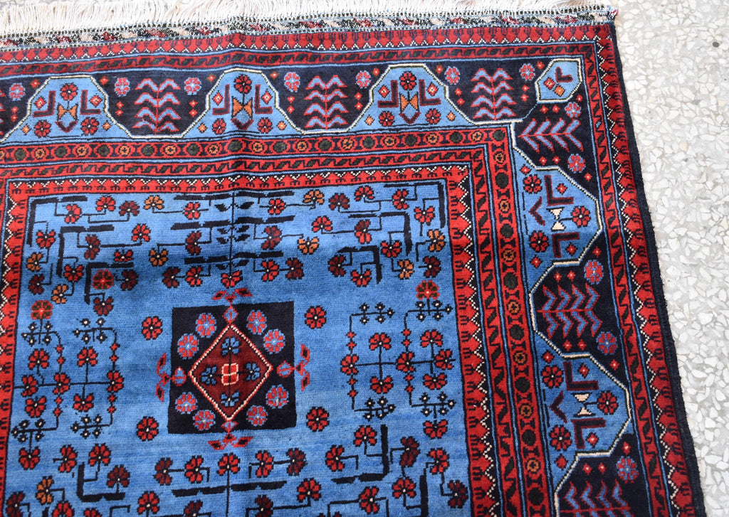Navy Blue and Red Bukhara Afghan Handwoven Rug,Turkmen Wool Carpet 3x5Ft, Rugs For Living Room, Bedroom Rug, Dining Room Rug, Natural dyes,