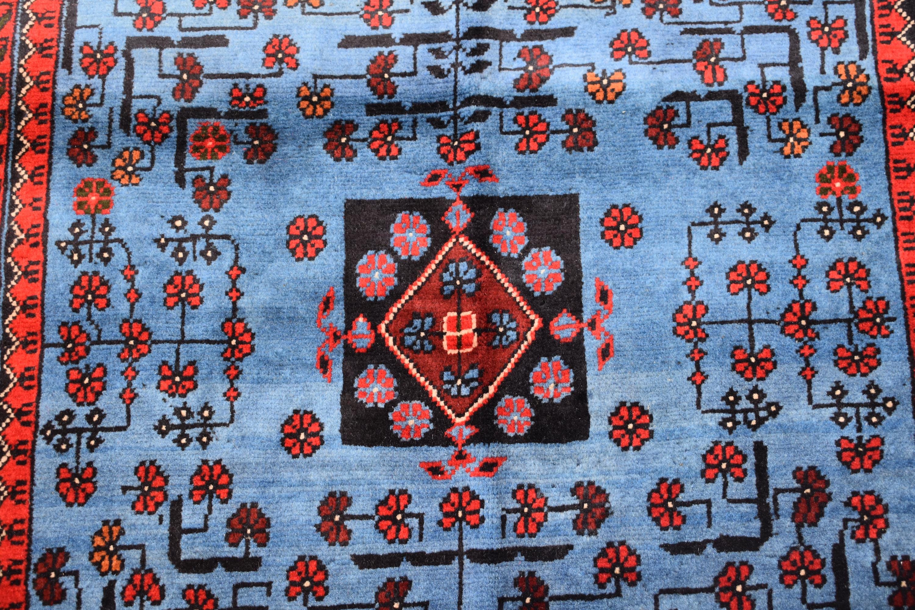 Navy Blue and Red Bukhara Afghan Handwoven Rug,Turkmen Wool Carpet 3x5Ft, Rugs For Living Room, Bedroom Rug, Dining Room Rug, Natural dyes,
