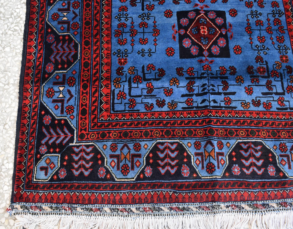 Navy Blue and Red Bukhara Afghan Handwoven Rug,Turkmen Wool Carpet 3x5Ft, Rugs For Living Room, Bedroom Rug, Dining Room Rug, Natural dyes,