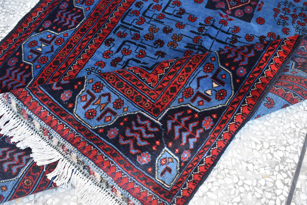 Navy Blue and Red Bukhara Afghan Handwoven Rug,Turkmen Wool Carpet 3x5Ft, Rugs For Living Room, Bedroom Rug, Dining Room Rug, Natural dyes,