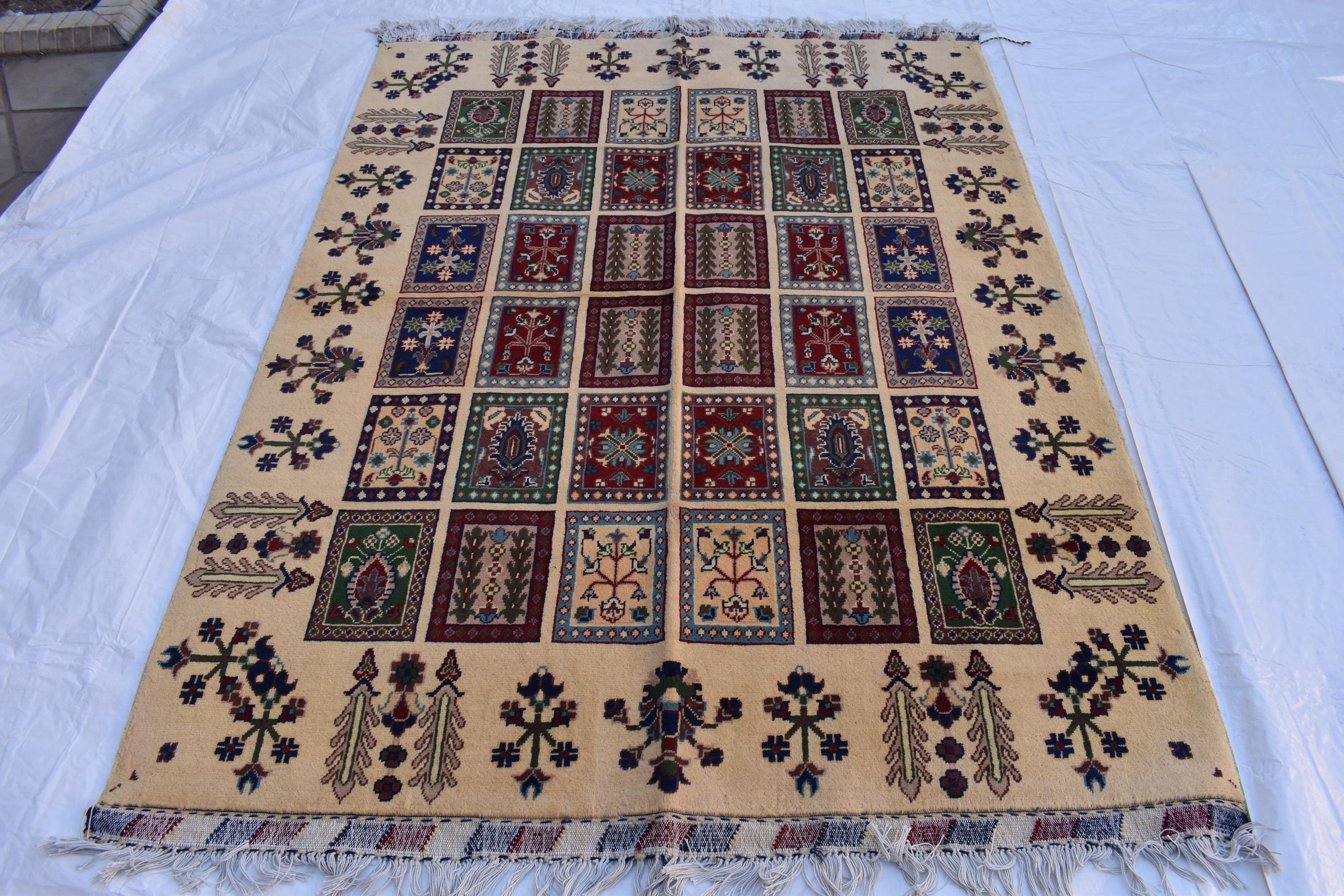 6x4 Handmade Ayni Tribal Design Medium Size Rug-Beige Color-Perfect For Bedroom-Bohemian Decor-Natural fibers-Living Room Rug 6.5x4.9 ft