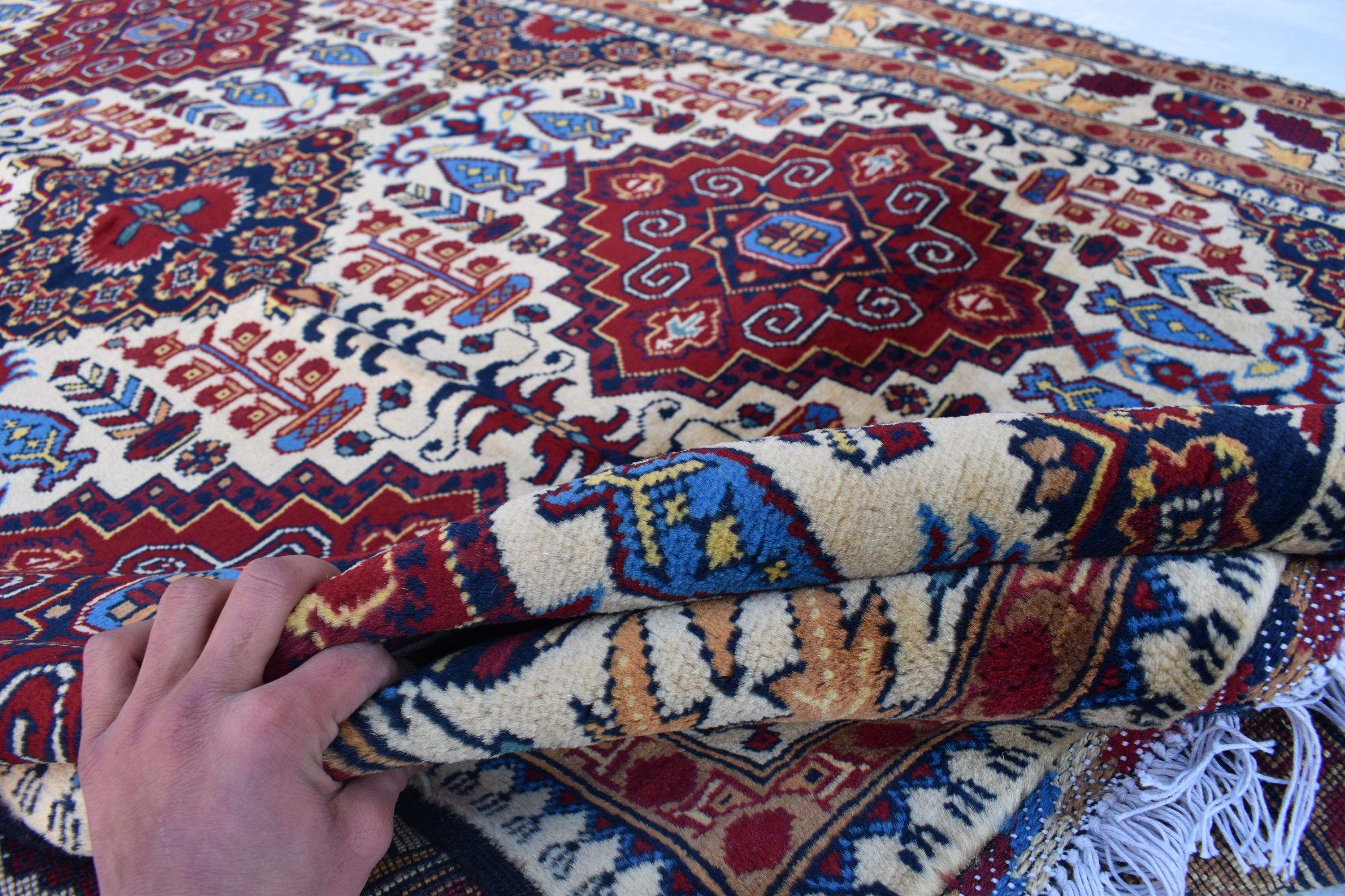 Handmade Maranus Beljik Rug – 6.5x4.9 ft – Afghan Wool Tribal Geometric Design – Red & Beige – Bohemian Living Room Decor – Eco-Friendly