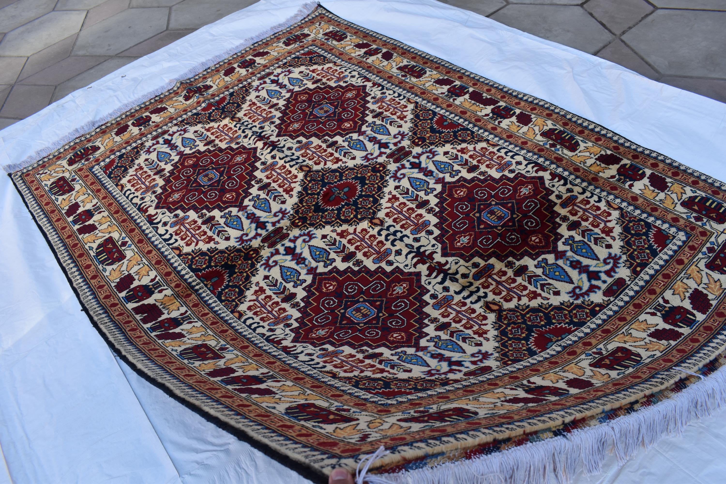 Handmade Maranus Beljik Rug – 6.5x4.9 ft – Afghan Wool Tribal Geometric Design – Red & Beige – Bohemian Living Room Decor – Eco-Friendly