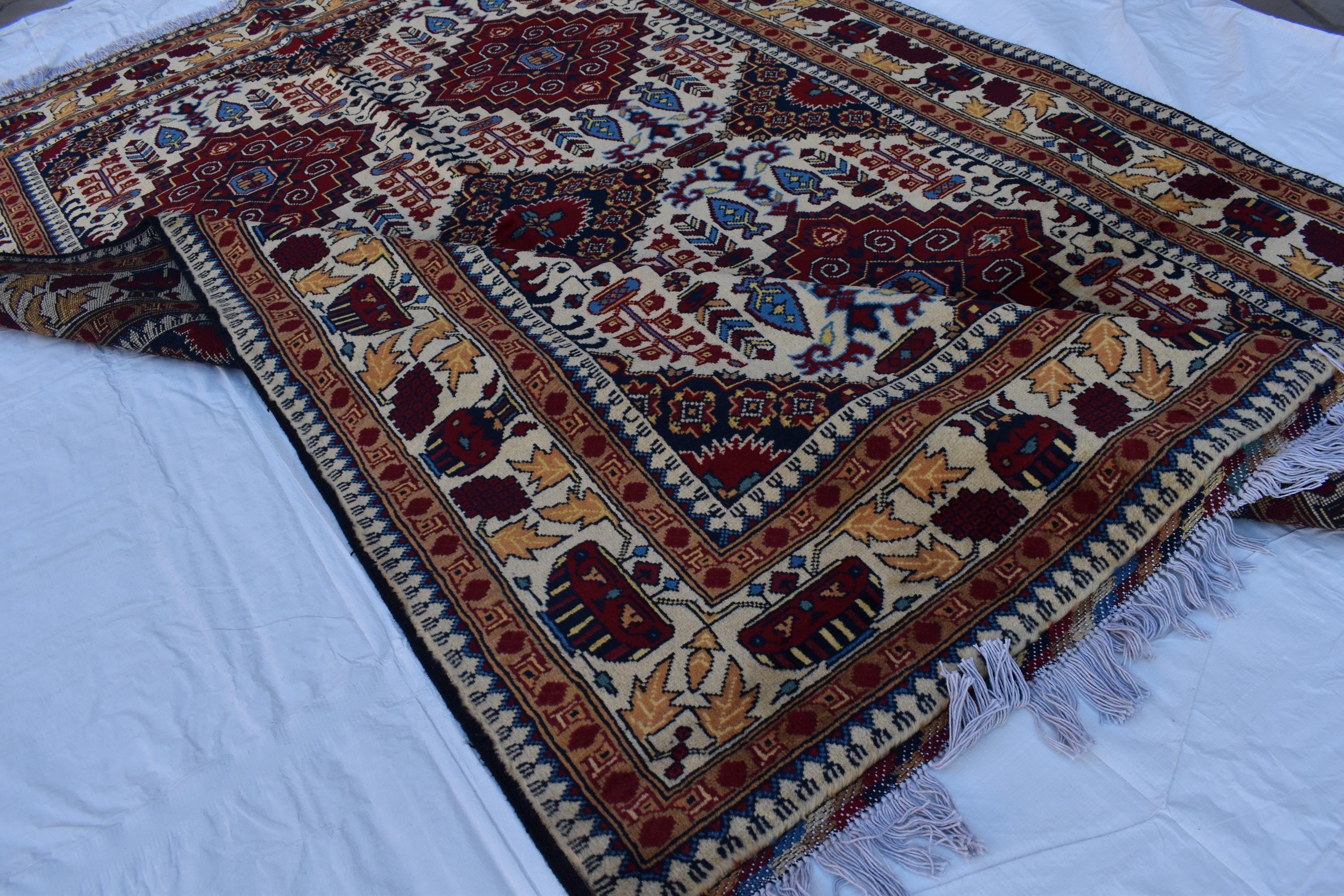 Handmade Maranus Beljik Rug – 6.5x4.9 ft – Afghan Wool Tribal Geometric Design – Red & Beige – Bohemian Living Room Decor – Eco-Friendly