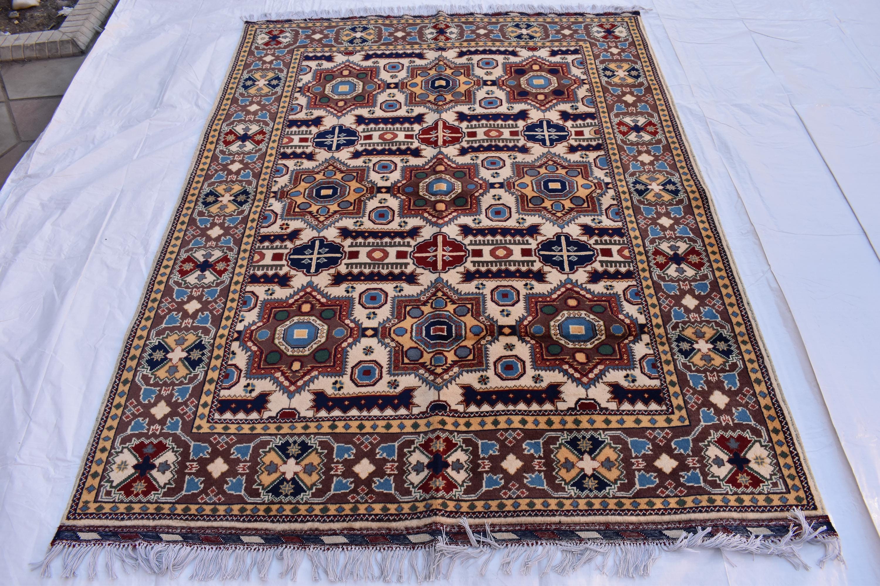 6x5 Handmade Kazak Rug – Afghan Wool Tribal Geometric Design – Multicolored Rug – Bohemian Living Room Decor – Eco-Friendly-6.5x4.9 ft