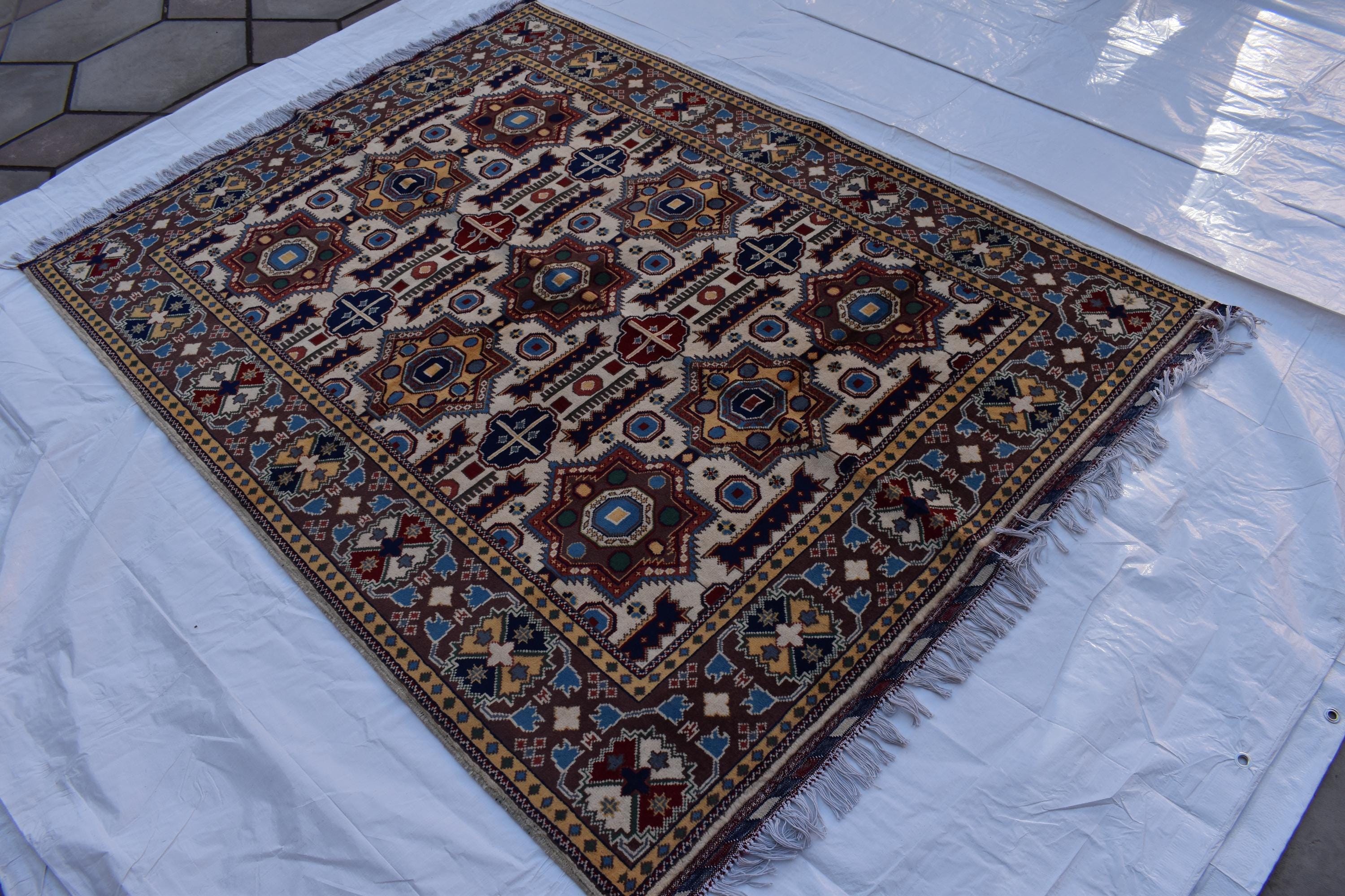 6x5 Handmade Kazak Rug – Afghan Wool Tribal Geometric Design – Multicolored Rug – Bohemian Living Room Decor – Eco-Friendly-6.5x4.9 ft