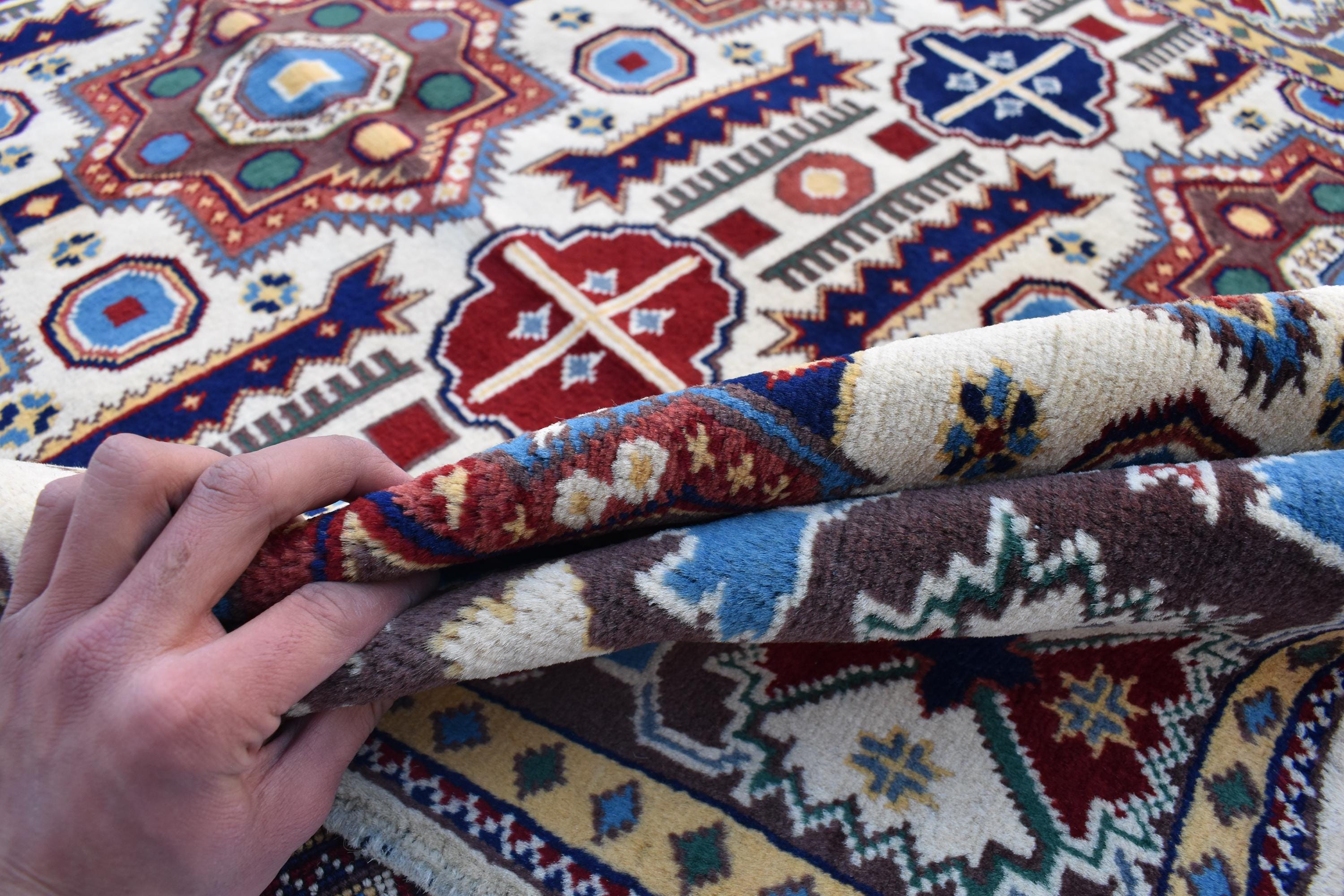 6x5 Handmade Kazak Rug – Afghan Wool Tribal Geometric Design – Multicolored Rug – Bohemian Living Room Decor – Eco-Friendly-6.5x4.9 ft