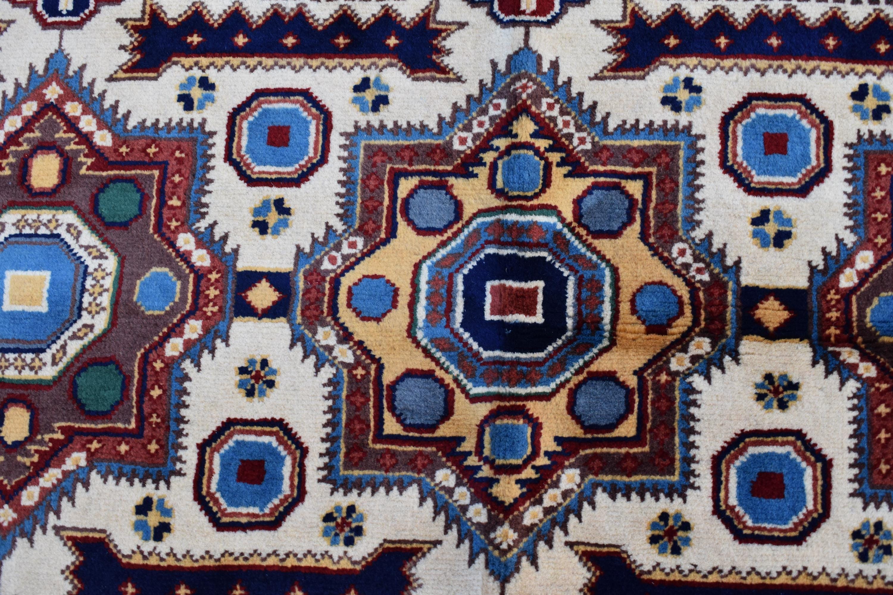 6x5 Handmade Kazak Rug – Afghan Wool Tribal Geometric Design – Multicolored Rug – Bohemian Living Room Decor – Eco-Friendly-6.5x4.9 ft