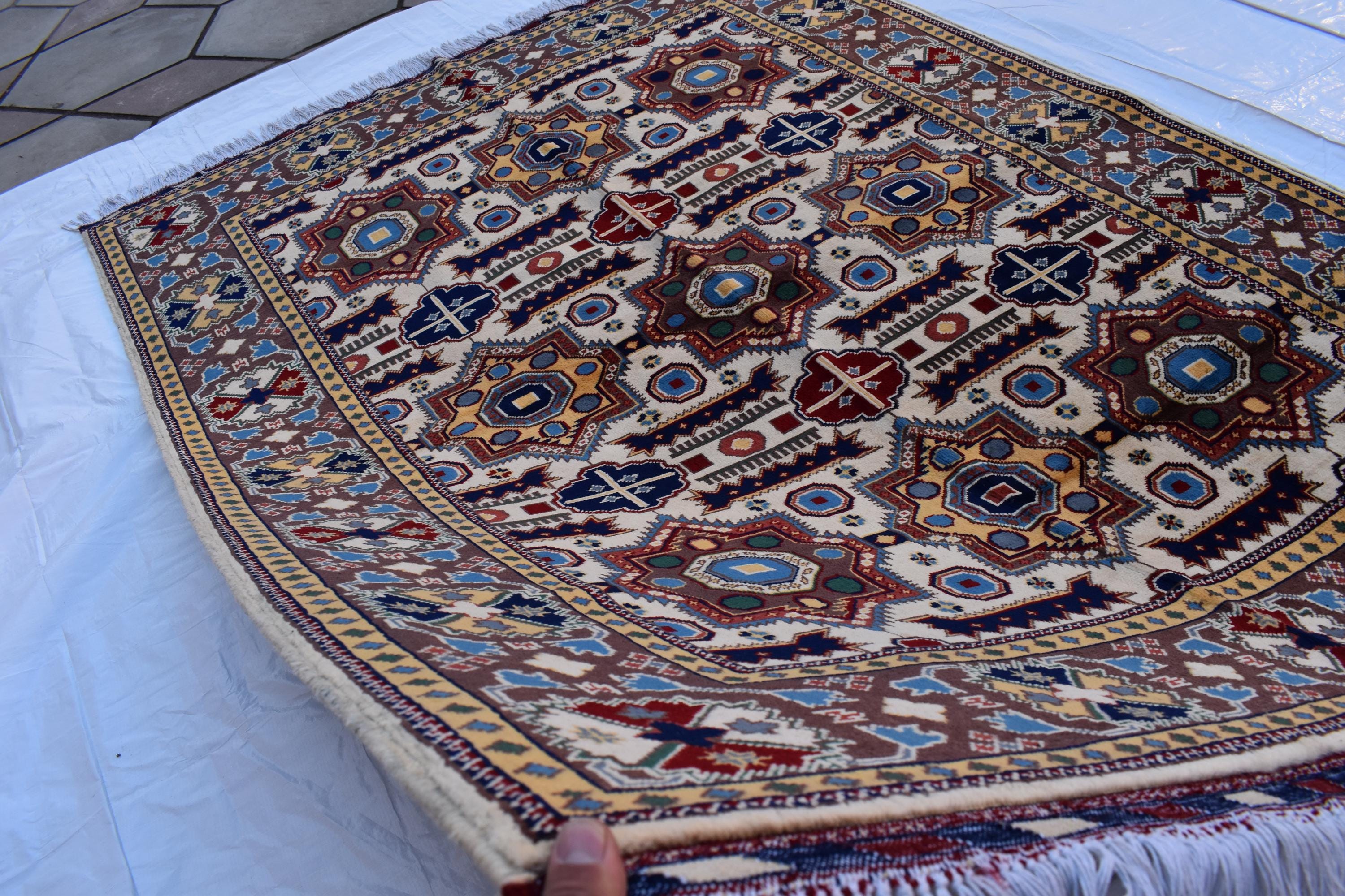 6x5 Handmade Kazak Rug – Afghan Wool Tribal Geometric Design – Multicolored Rug – Bohemian Living Room Decor – Eco-Friendly-6.5x4.9 ft