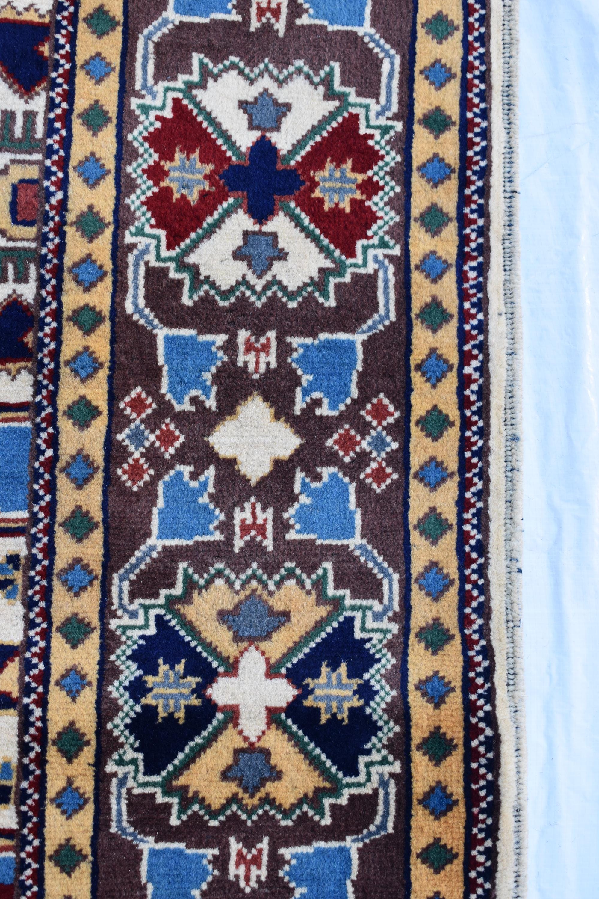 6x5 Handmade Kazak Rug – Afghan Wool Tribal Geometric Design – Multicolored Rug – Bohemian Living Room Decor – Eco-Friendly-6.5x4.9 ft
