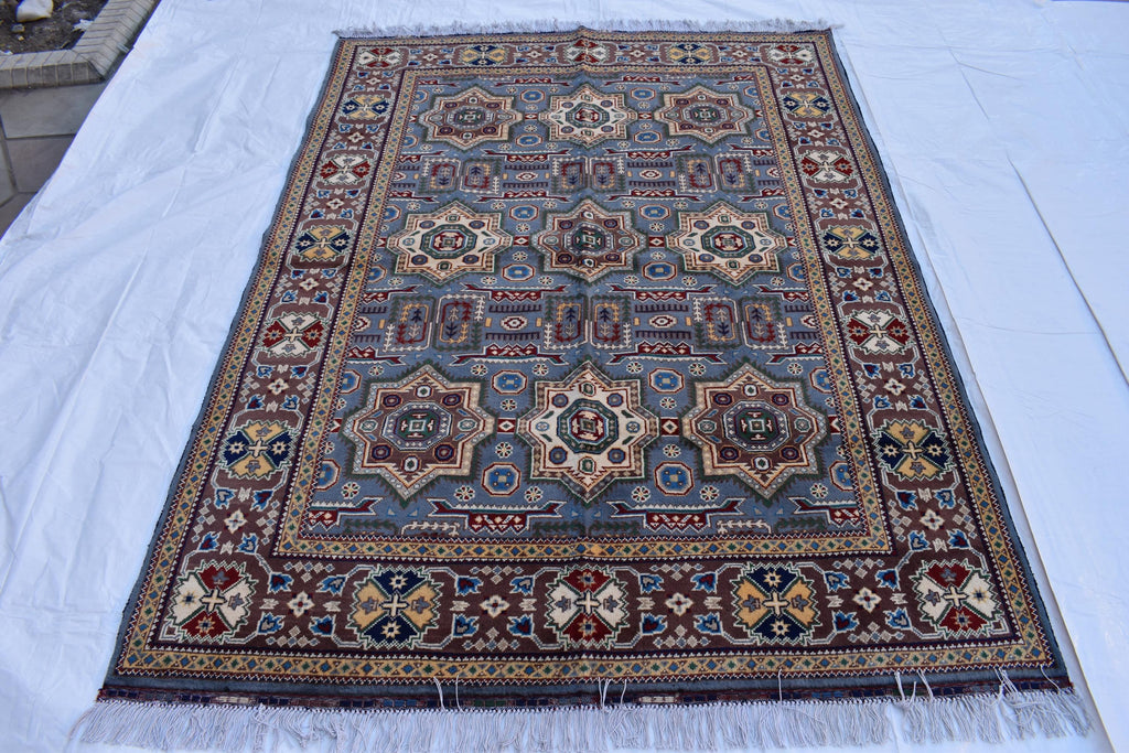 Handmade Kazak Rug – 6.5x4.9 ft – Afghan Wool Tribal Geometric Design – Silver Color– Bohemian Living Room Decor – Eco-Friendly