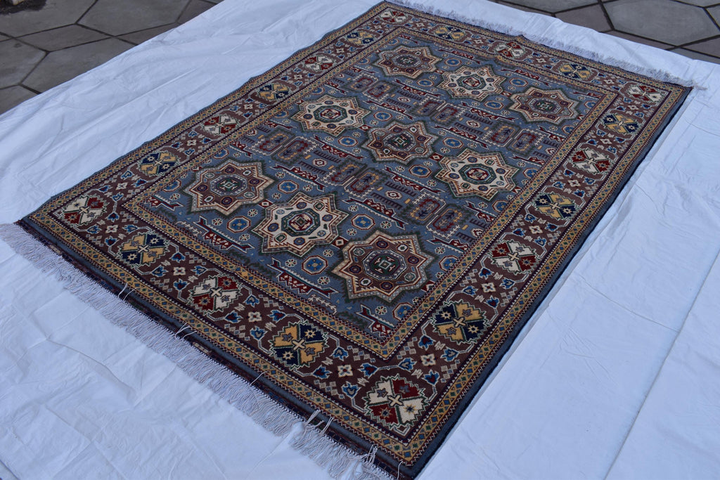 Handmade Kazak Rug – 6.5x4.9 ft – Afghan Wool Tribal Geometric Design – Silver Color– Bohemian Living Room Decor – Eco-Friendly